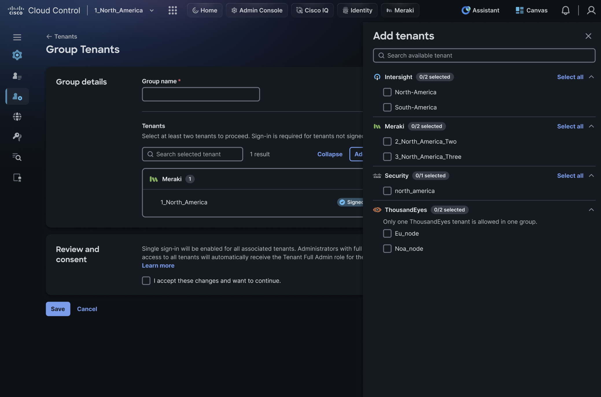 Cisco Unified Identity interface for creating a tenant group and adding product tenants